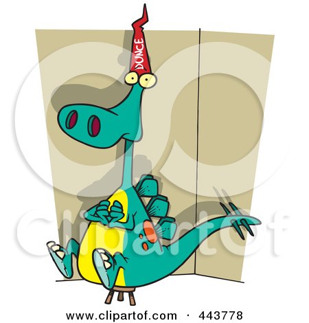 Royalty-Free (RF) Clip Art Illustration of a Cartoon Dinosaur Wearing A Dunce Hat by toonaday