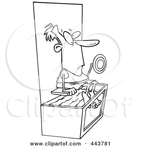 Royalty-Free (RF) Clip Art Illustration of a Cartoon Black And White Outline Design Of A Man Above A Dunk Tank by toonaday