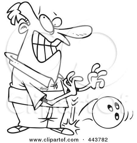 Royalty-Free (RF) Clip Art Illustration of a Cartoon Black And White Outline Design Of A Man Dropping A Bowling Ball On His Foot by toonaday