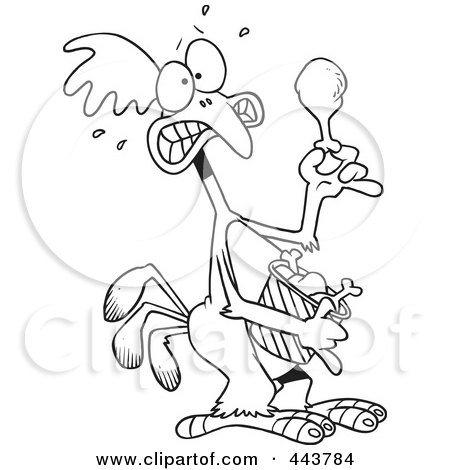 Royalty-Free (RF) Clip Art Illustration of a Cartoon Black And White Outline Design Of A Scared Chicken Holding A Drumstick by toonaday