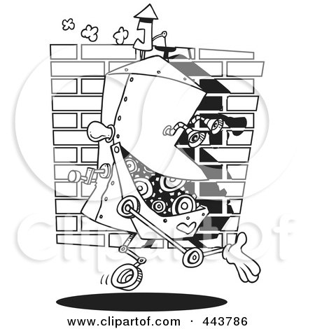 Royalty-Free (RF) Clip Art Illustration of a Cartoon Black And White Outline Design Of A Factory Robot by toonaday