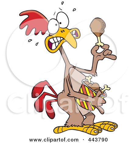 Royalty-Free (RF) Clip Art Illustration of a Cartoon Scared Chicken Holding A Drumstick by toonaday
