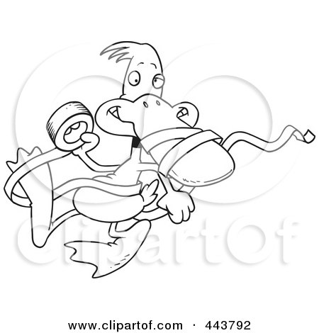 Royalty-Free (RF) Clip Art Illustration of a Cartoon Black And White Outline Design Of A Duck With Tape by toonaday