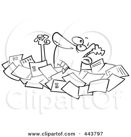 Royalty-Free (RF) Clip Art Illustration of a Cartoon Black And White Outline Design Of A Businessman Drowning In Papers by toonaday