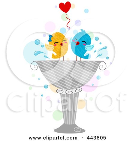 Royalty-Free (RF) Clip Art Illustration of Two Love Birds Playing In A Bird Bath by BNP Design Studio