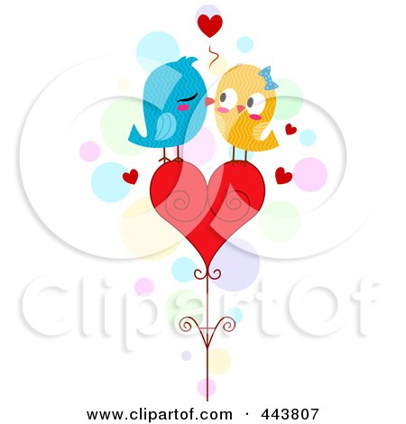 Royalty-Free (RF) Clip Art Illustration of Love Birds Kissing On A Heart by BNP Design Studio