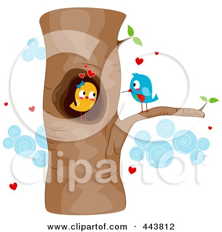 Royalty-Free (RF) Clip Art Illustration of Courting Love Birds In A Tree by BNP Design Studio