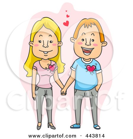 Royalty-Free (RF) Clip Art Illustration of a Happy Couple Holding Hands Over Pink by BNP Design Studio