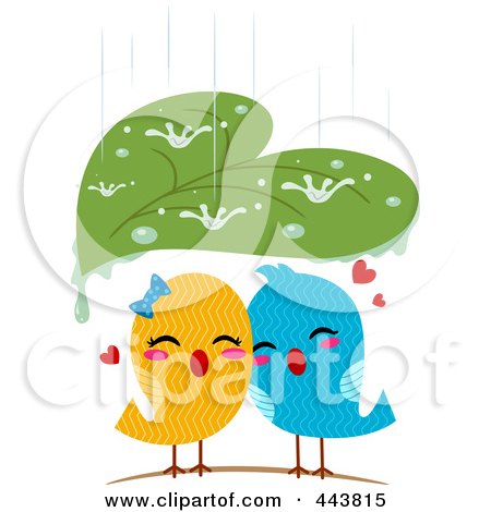 Royalty-Free (RF) Clip Art Illustration of a Leaf Sheltering Love Birds From The Rain by BNP Design Studio