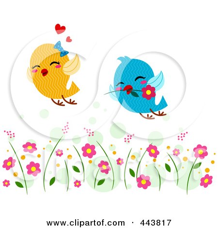 Royalty-Free (RF) Clip Art Illustration of Lovebirds Flying Through A Garden by BNP Design Studio