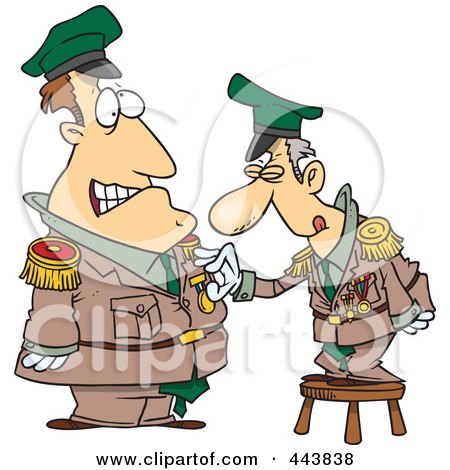 Royalty-Free (RF) Clip Art Illustration of a Cartoon Man Standing On A Stool And Awarding A Medal To A Soldier by toonaday