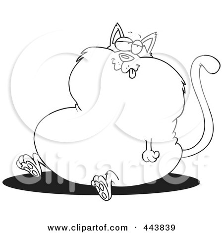 Royalty-Free (RF) Clip Art Illustration of a Cartoon Black And White Outline Design Of A Sitting Fat Cat by toonaday