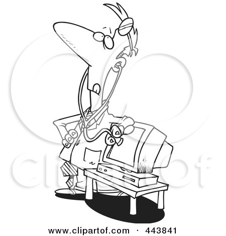 Royalty-Free (RF) Clip Art Illustration of a Cartoon Black And White Outline Design Of A Computer Medic by toonaday