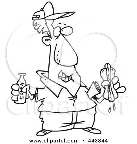 Royalty-Free (RF) Clip Art Illustration of a Cartoon Black And White Outline Design Of A Man With Soda And A Hot Dog by toonaday