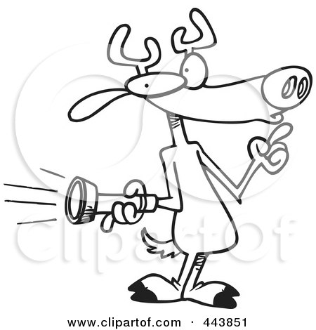 Royalty-Free (RF) Clip Art Illustration of a Cartoon Black And White Outline Design Of A Deer Holding A Flashlight by toonaday