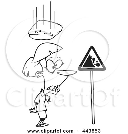 Royalty-Free (RF) Clip Art Illustration of a Cartoon Black And White Outline Design Of A Rock Falling Down On A Woman by toonaday