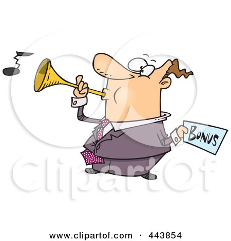 Royalty-Free (RF) Clip Art Illustration of a Cartoon Man Holding A Bonus And Blowing A Horn by toonaday