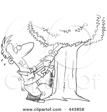 Royalty-Free (RF) Clip Art Illustration of a Cartoon Black And White Outline Design Of A Man Tugging An Arm From His Family Tree by toonaday