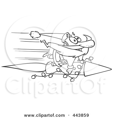 Royalty-Free (RF) Clip Art Illustration of a Cartoon Black And White Outline Design Of Santa Riding A Fast Rocket  by toonaday