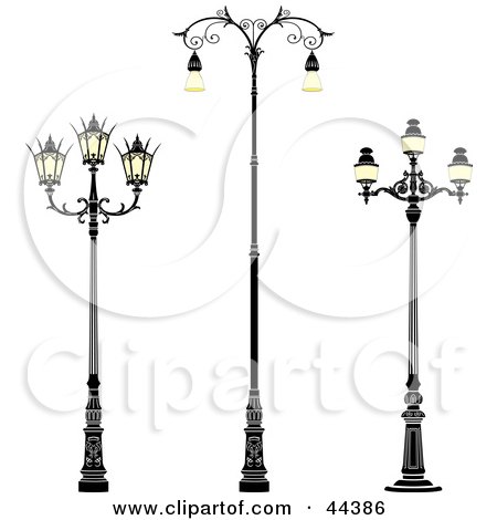Clipart Illustration of a Collage Of Three Wrought Iron Street Lamps by Frisko