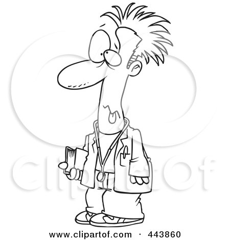 Royalty-Free (RF) Clip Art Illustration of a Cartoon Black And White Outline Design Of A Tired Med Student by toonaday