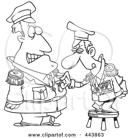 Royalty-Free (RF) Clip Art Illustration of a Cartoon Black And White Outline Design Of A Man Standing On A Stool And Awarding A Medal To A Soldier by toonaday