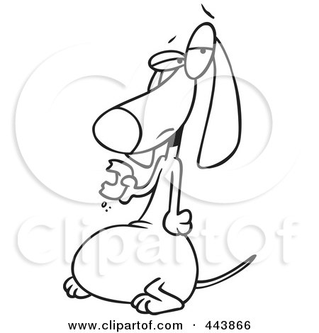 Royalty-Free (RF) Clip Art Illustration of a Cartoon Black And White Outline Design Of A Fat Wiener Dog Eating A Donut by toonaday