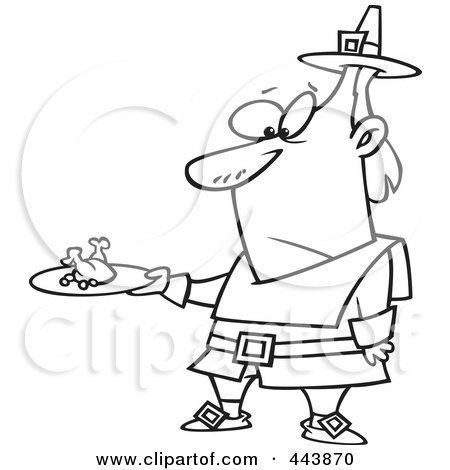 Royalty-Free (RF) Clip Art Illustration of a Cartoon Black And White Outline Design Of A Pilgrim Man Carrying A Meagre Meal by toonaday