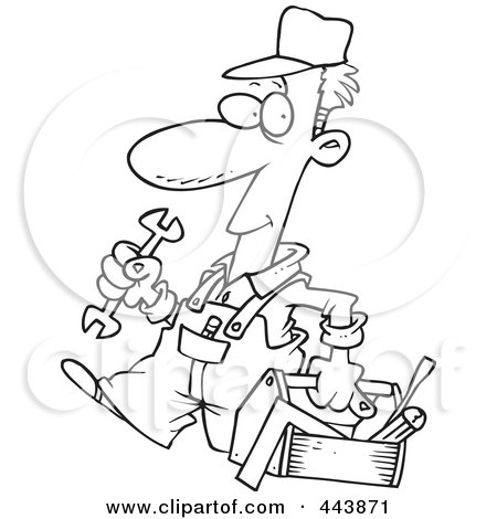 Royalty-Free (RF) Clip Art Illustration of a Cartoon Black And White Outline Design Of A Repair Man Carrying A Tool Box by toonaday