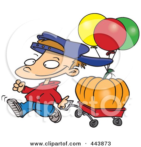 Royalty-Free (RF) Clip Art Illustration of a Cartoon Boy Pulling A Pumpkin In A Wagon by toonaday
