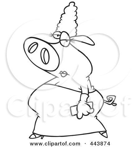 Royalty-Free (RF) Clip Art Illustration of a Cartoon Black And White Outline Design Of A Fancy Pig In A Dress by toonaday