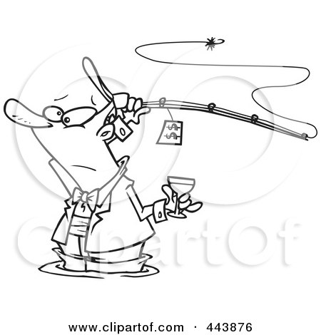 Royalty-Free (RF) Clip Art Illustration of a Cartoon Black And White Outline Design Of A Man Fancy Fishing With Wine by toonaday