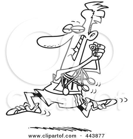 Royalty-Free (RF) Clip Art Illustration of a Cartoon Black And White Outline Design Of A Runner Sporting His Medals by toonaday
