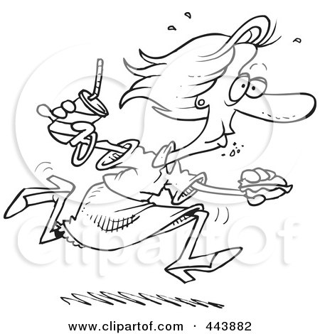 Royalty-Free (RF) Clip Art Illustration of a Cartoon Black And White Outline Design Of A Woman Eating On The Run by toonaday