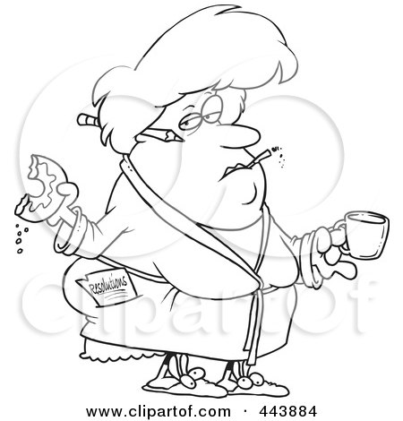 Royalty-Free (RF) Clip Art Illustration of a Cartoon Black And White Outline Design Of A Fat Woman Eating A Donut And Failing At Her Resolution by toonaday