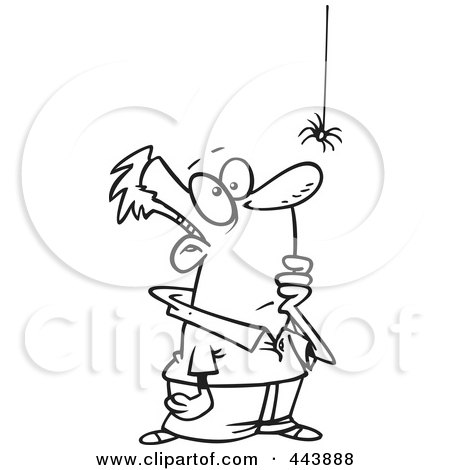 Royalty-Free (RF) Clip Art Illustration of a Cartoon Black And White Outline Design Of A Fascinated Man Watching A Spider by toonaday