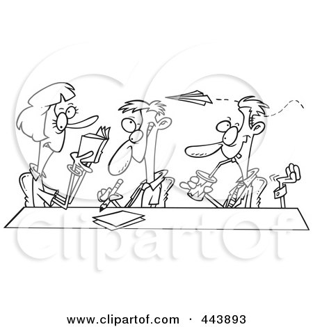 Royalty-Free (RF) Clip Art Illustration of a Cartoon Black And White Outline Design Of A Business Team Clowning Around In A Meeting by toonaday