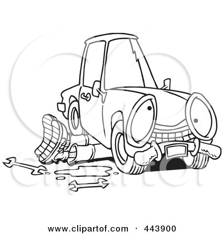 Royalty-Free (RF) Clip Art Illustration of a Cartoon Black And White Outline Design Of A Mechanic Working Under A Car by toonaday