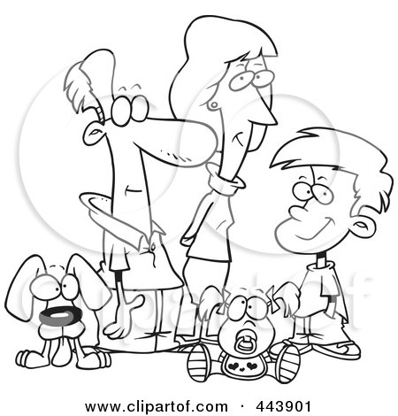 Royalty-Free (RF) Clip Art Illustration of a Cartoon Black And White Outline Design Of A Pleasant Family by toonaday