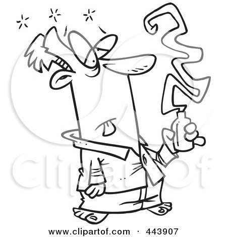Royalty-Free (RF) Clip Art Illustration of a Cartoon Black And White Outline Design Of A Sick Man Taking Cold Medicine by toonaday