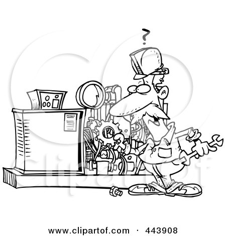 Royalty-Free (RF) Clip Art Illustration of a Cartoon Black And White Outline Design Of A Mechanic Working On A Machine by toonaday
