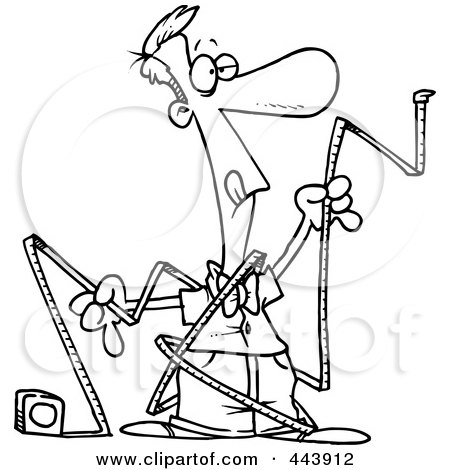 Royalty-Free (RF) Clip Art Illustration of a Cartoon Black And White Outline Design Of A Man Trying To Use Measuring Tape by toonaday