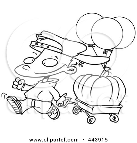 Royalty-Free (RF) Clip Art Illustration of a Cartoon Black And White Outline Design Of A Boy Pulling A Pumpkin In A Wagon by toonaday