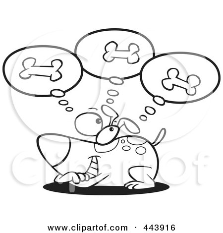 Royalty-Free (RF) Clip Art Illustration of a Cartoon Black And White Outline Design Of A Dog Day Dreaming Of Bones by toonaday