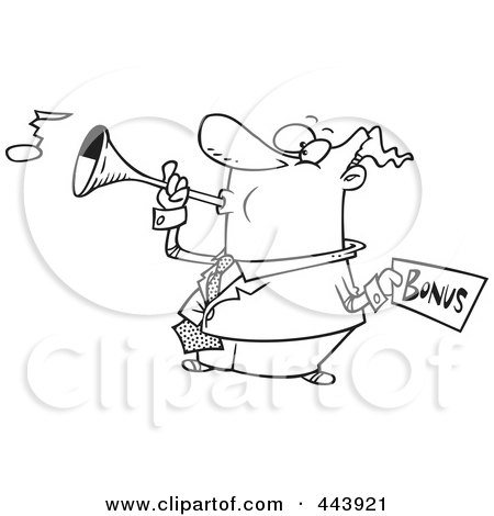 Royalty-Free (RF) Clip Art Illustration of a Cartoon Black And White Outline Design Of A Man Holding A Bonus And Blowing A Horn by toonaday