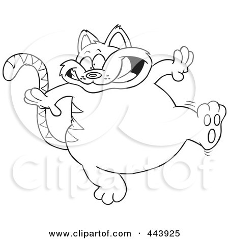 Royalty-Free (RF) Clip Art Illustration of a Cartoon Black And White Outline Design Of A Walking Fat Cat by toonaday