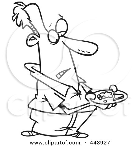 Royalty-Free (RF) Clip Art Illustration of a Cartoon Black And White Outline Design Of A Man Carrying A Meager Dinner Plate by toonaday
