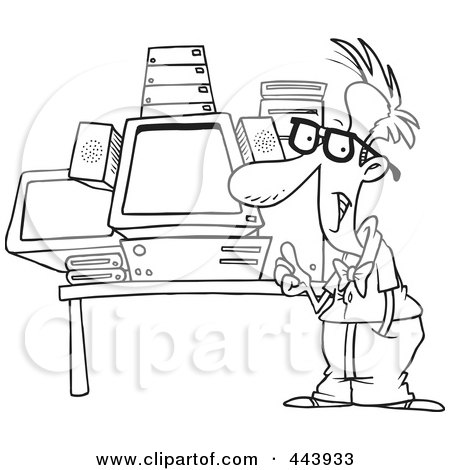 Royalty-Free (RF) Clip Art Illustration of a Cartoon Black And White Outline Design Of A Mega Computer Geek by toonaday