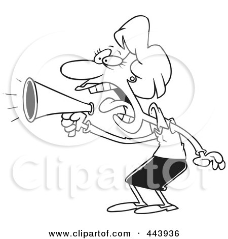 Royalty-Free (RF) Clip Art Illustration of a Cartoon Black And White Outline Design Of A Businesswoman Using A Megaphone by toonaday