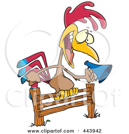 Royalty-Free (RF) Clip Art Illustration of a Cartoon Rooster Using A Megaphone On A Fence by toonaday